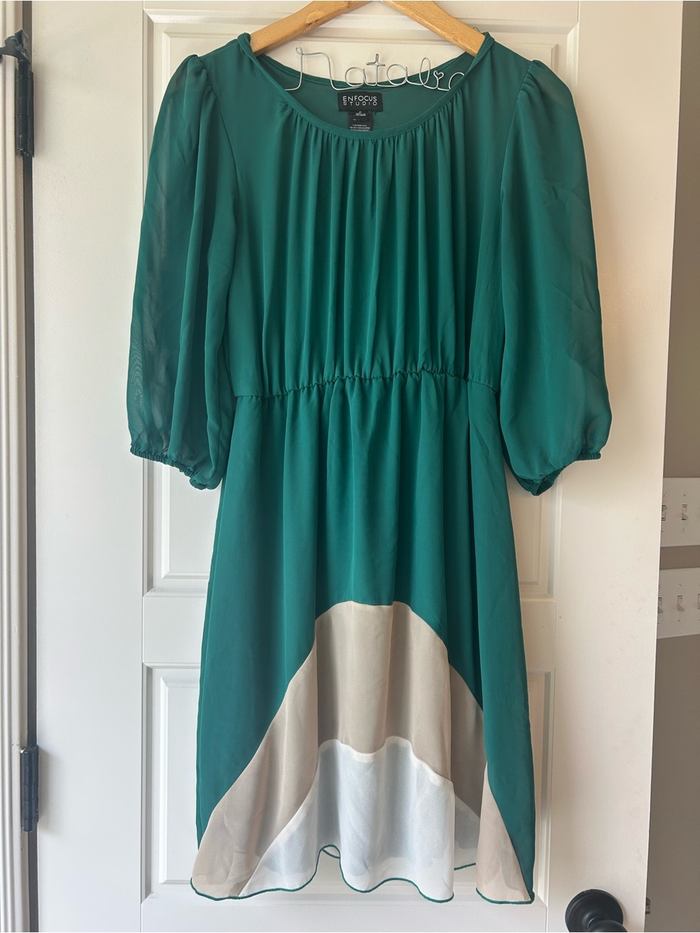 Enfocus Studio Teal Green Colorblock Puff-Sleeve Midi Dress
